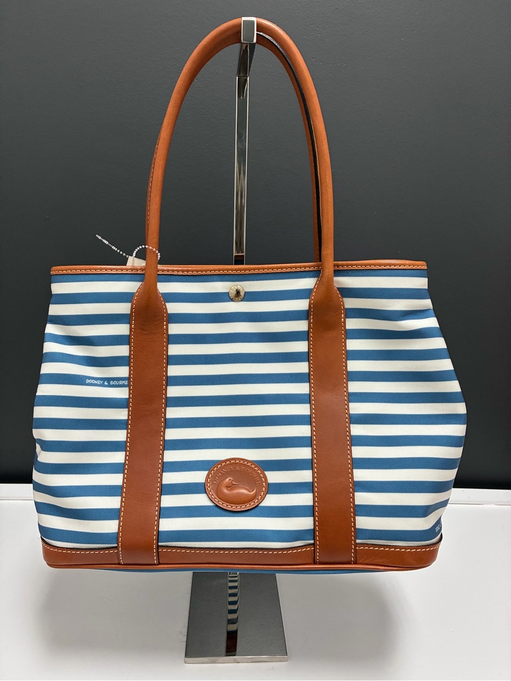 Dooney & Bourke Blue and White Striped Tote Bag with Brown Leather Trim